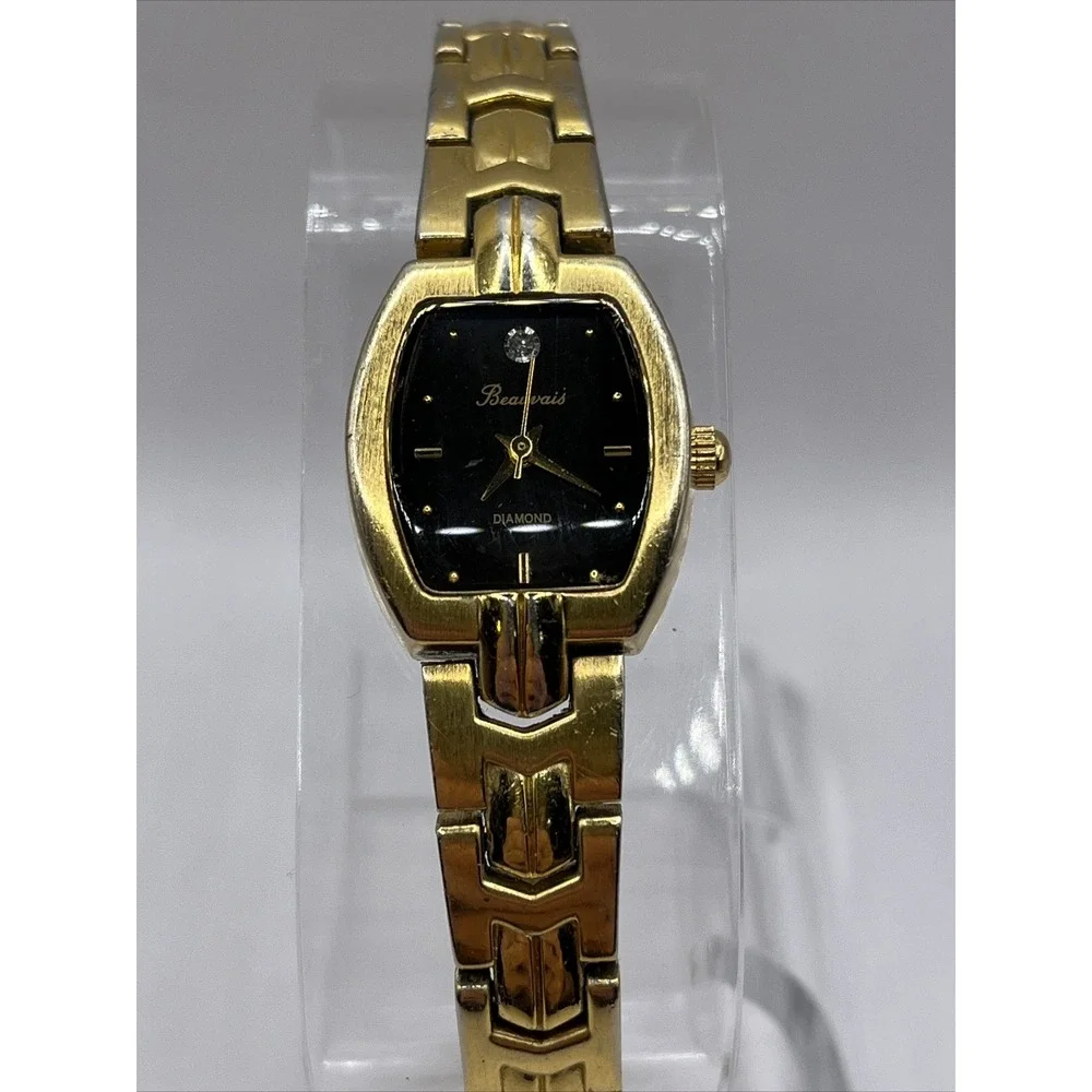 Beauvais Diamond Women's Quartz Watch Gold Band Black Dial- New Battery